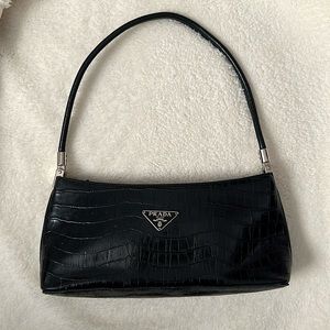 Prada Black Croc-Embossed Shoulder Bag